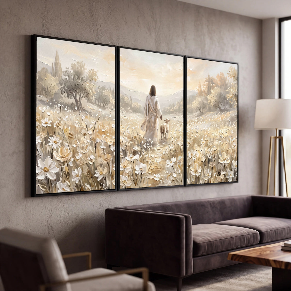 Jesus and lamb flower field painting 3 piece framed canvas in a modern living room