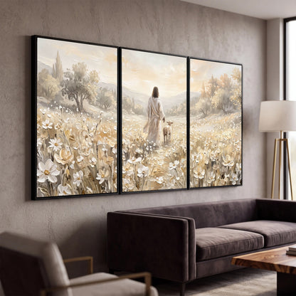 Jesus and lamb flower field painting 3 piece framed canvas in a modern living room