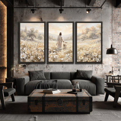 Jesus and lamb flower field painting 3 piece framed canvas in an industrial loft