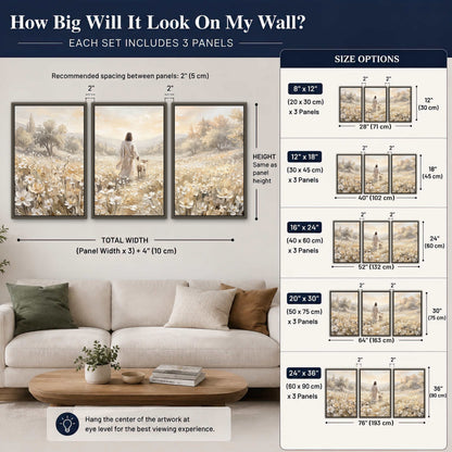 Jesus and lamb flower field painting 3 piece framed canvas size guide above a sofa