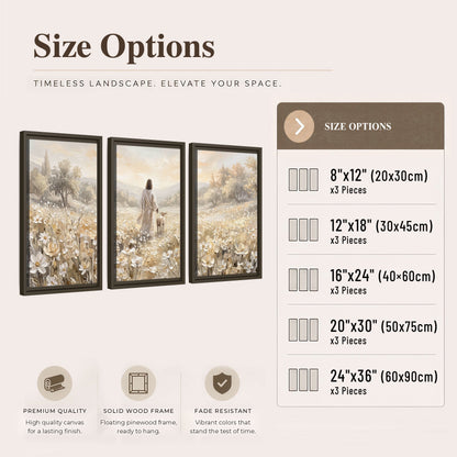 Jesus and lamb flower field painting 3 piece framed canvas size options