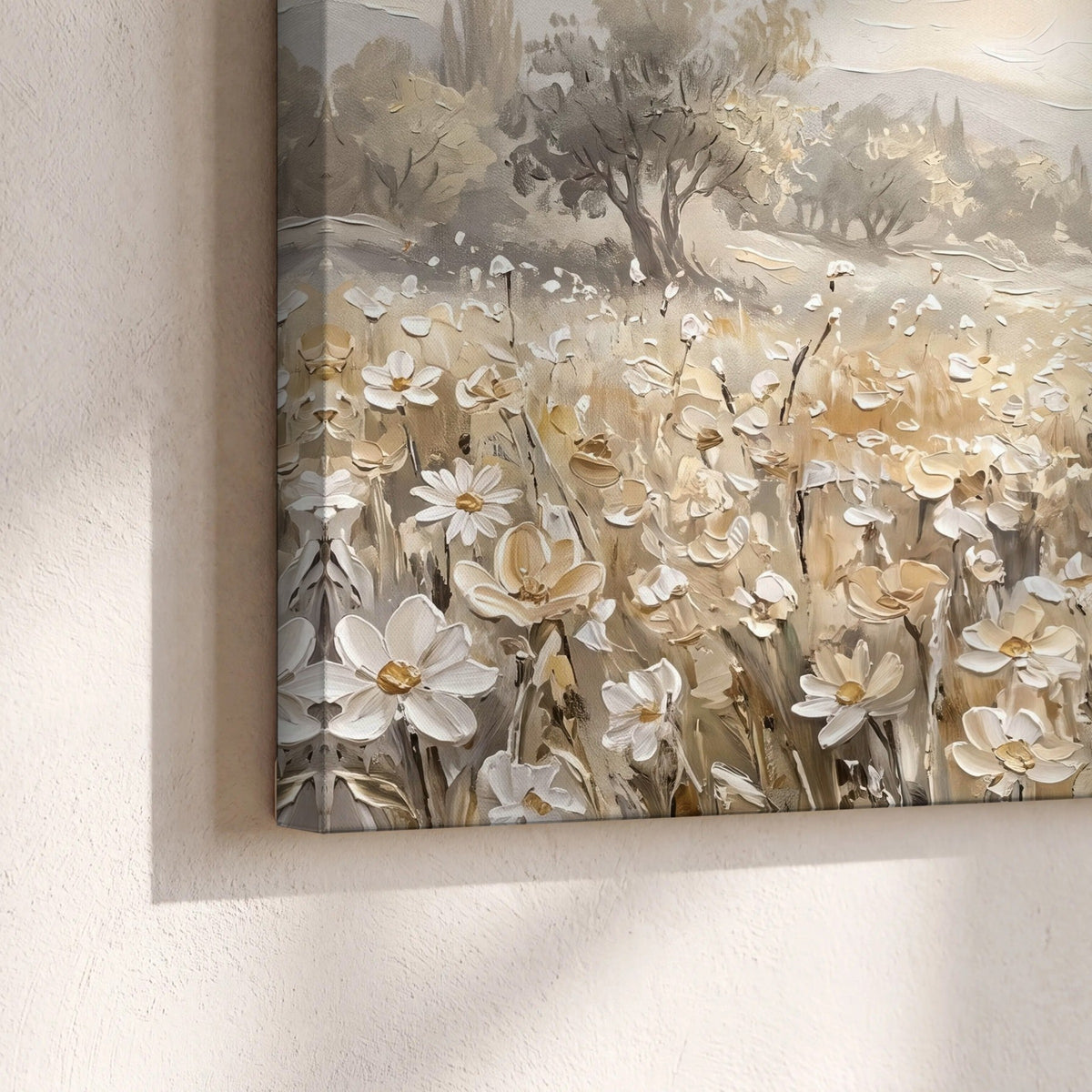 Jesus and lamb flower field painting canvas print close-up showing the gallery-wrapped edge