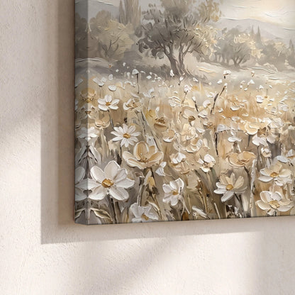Jesus and lamb flower field painting canvas print close-up showing the gallery-wrapped edge