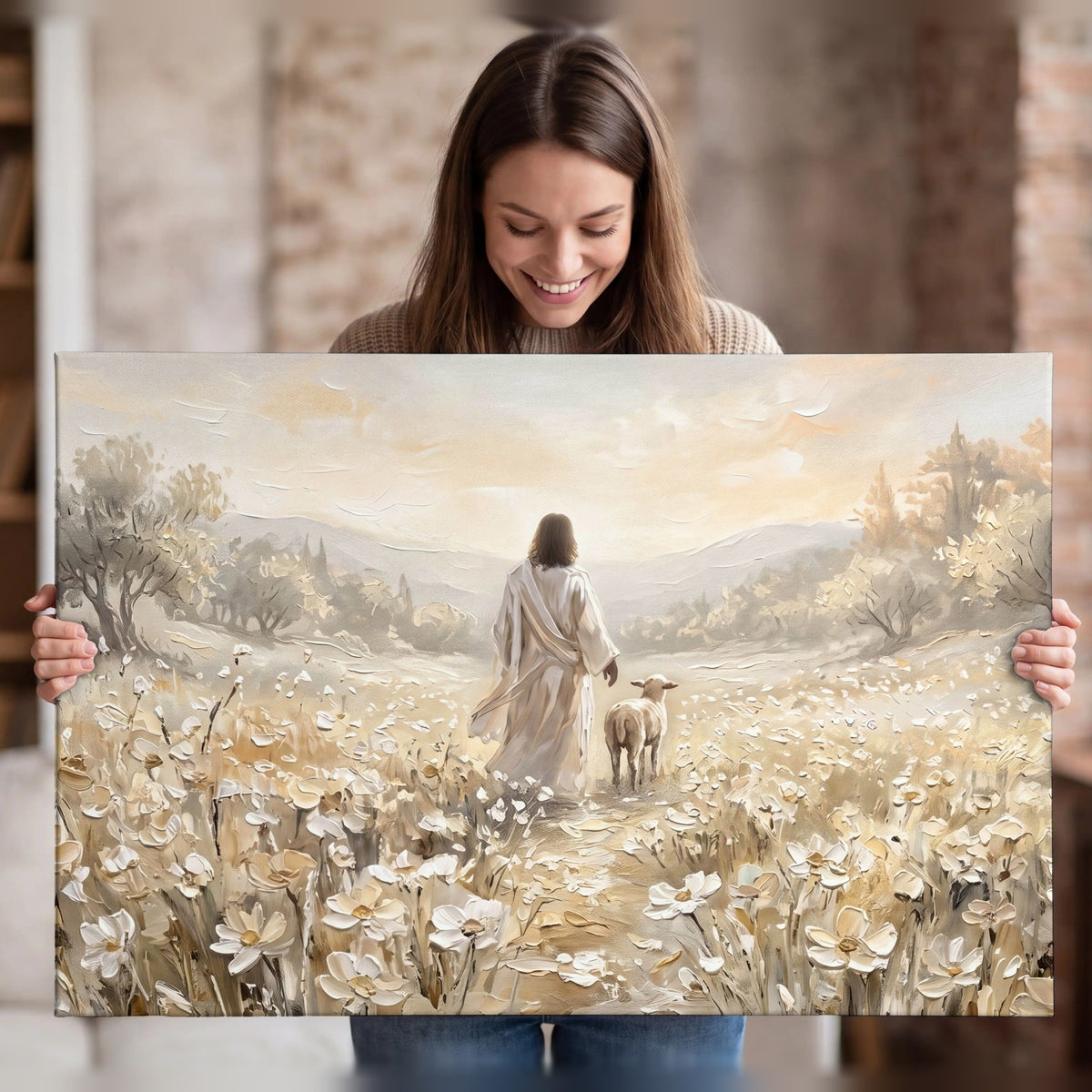 Jesus and lamb flower field painting canvas wall art held in hands