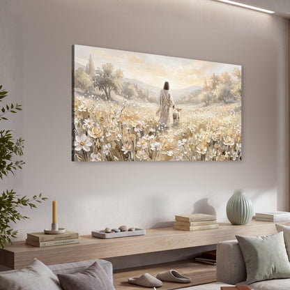 Jesus and lamb flower field painting canvas wall art in a living room above a console