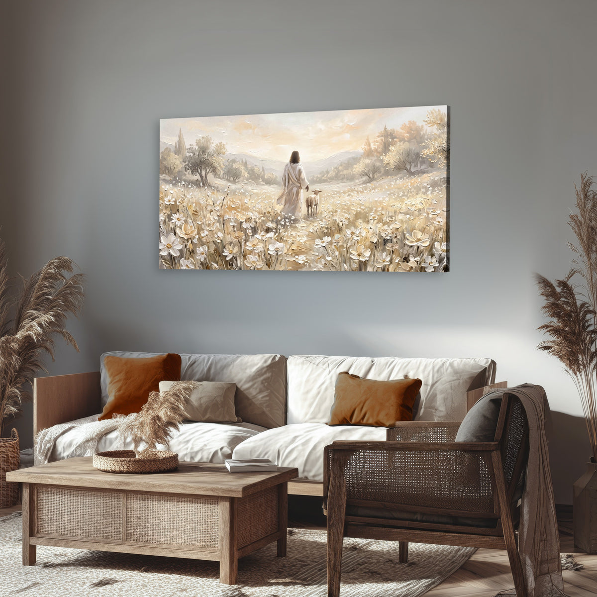 Jesus and lamb flower field painting canvas wall art in a rustic living room
