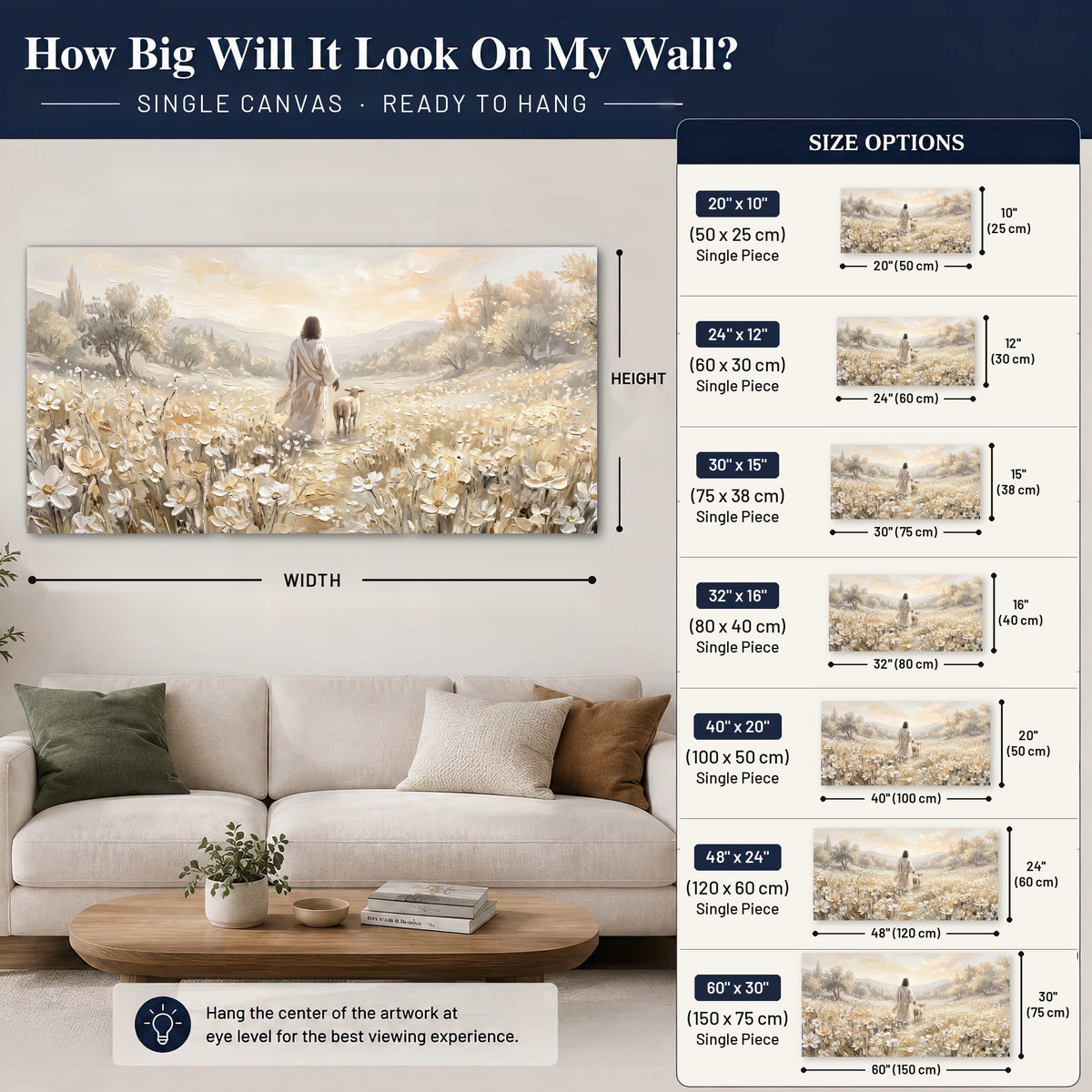 Jesus and lamb flower field painting canvas wall art size guide above a sofa