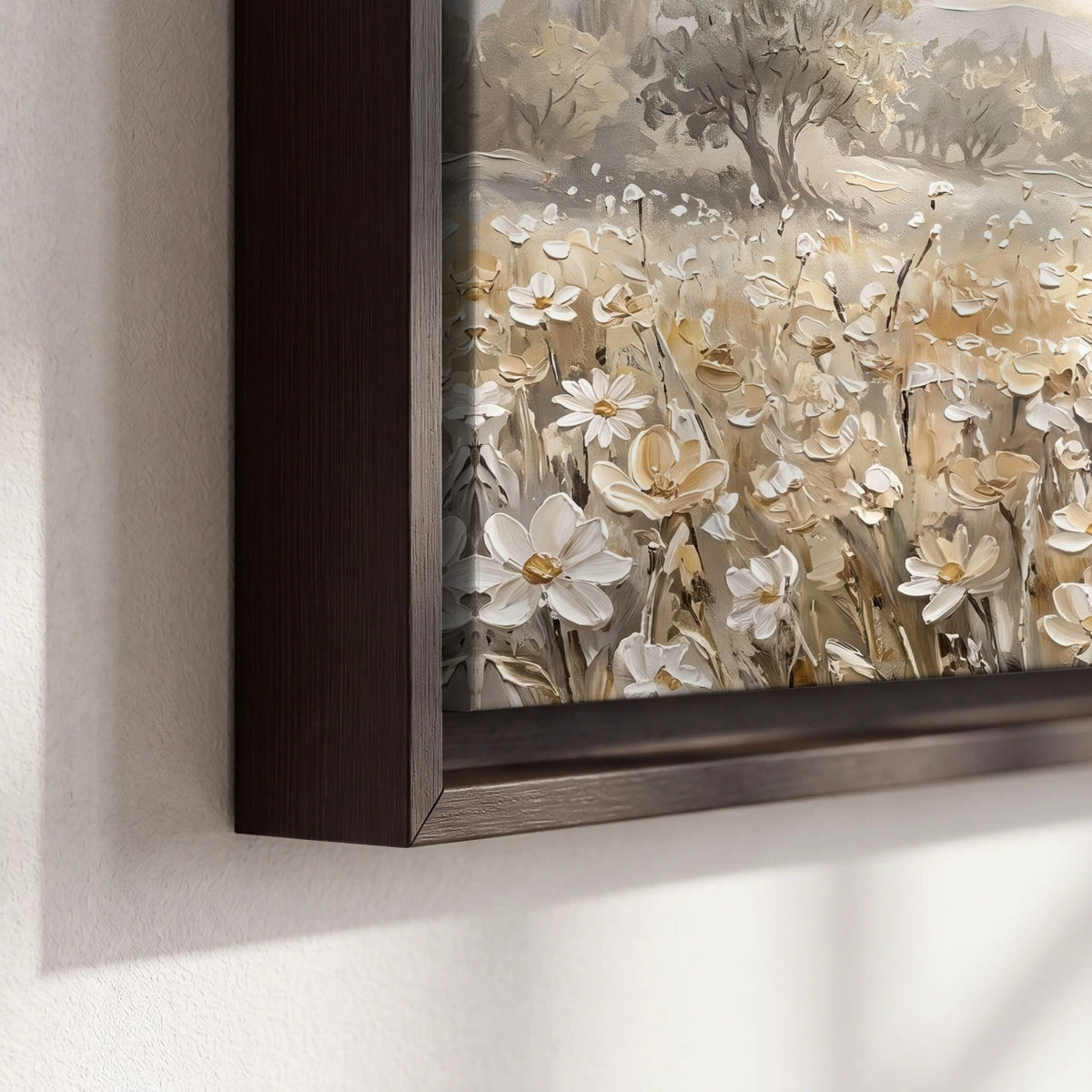 Jesus and lamb flower field painting framed canvas close-up showing the floating frame