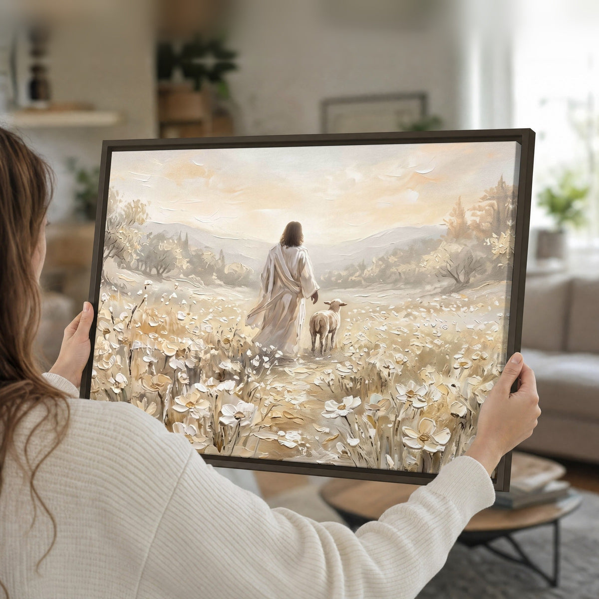 Jesus and lamb flower field painting framed canvas held in hands