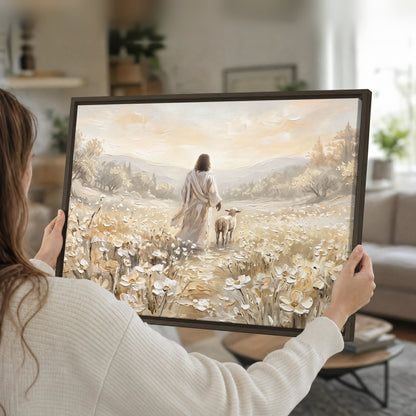 Jesus and lamb flower field painting framed canvas held in hands