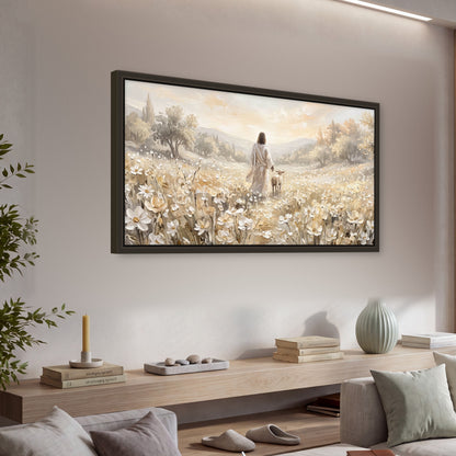 Jesus and lamb flower field painting framed canvas wall art in a living room above a console
