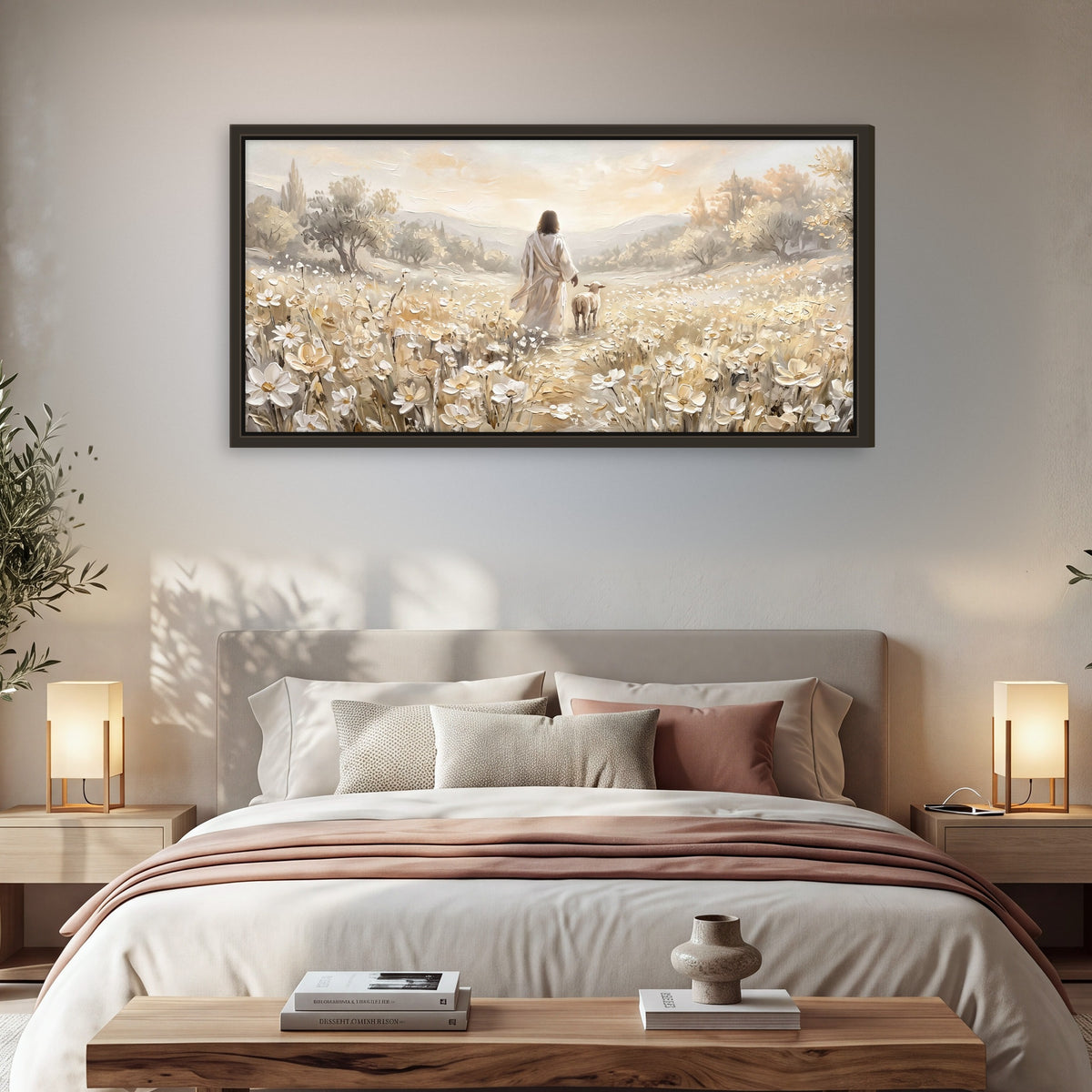 Jesus and lamb flower field painting framed canvas wall art in a bedroom above the bed