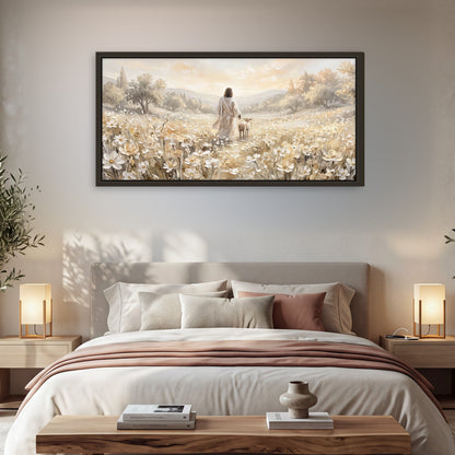 Jesus and lamb flower field painting framed canvas wall art in a bedroom above the bed