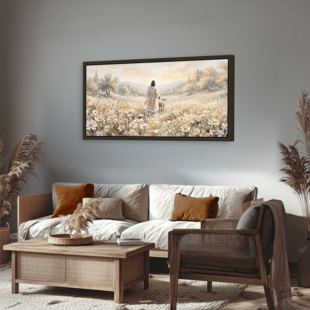 Jesus and lamb flower field painting framed canvas wall art in a rustic living room