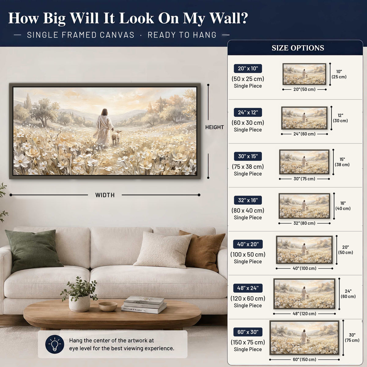 Jesus and lamb flower field painting framed canvas wall art size guide above a sofa