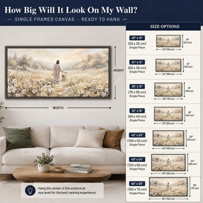 Jesus and lamb flower field painting framed canvas wall art size guide above a sofa