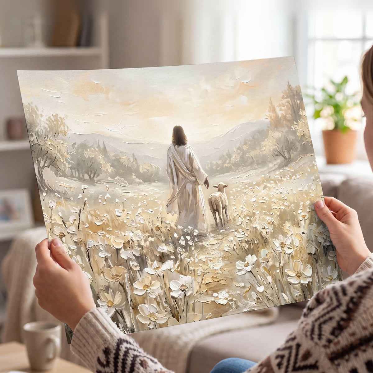 Jesus and lamb flower field painting poster print held in hands