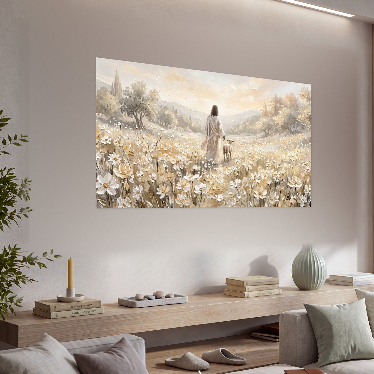 Jesus and lamb flower field painting poster print in a living room above a console
