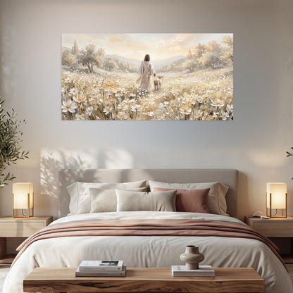 Jesus and lamb flower field painting poster print in a bedroom above the bed