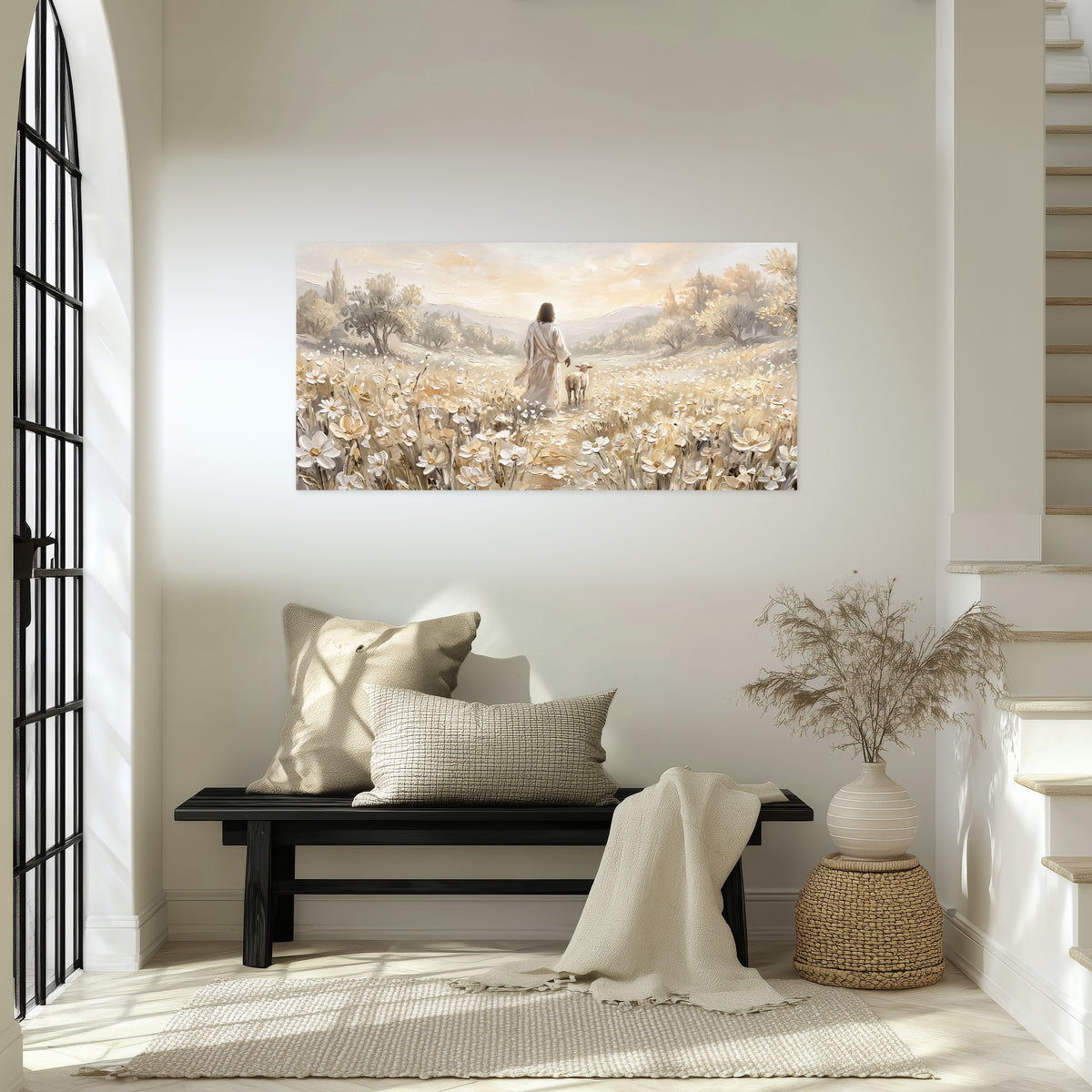 Jesus and lamb flower field painting poster print in an entryway above a bench