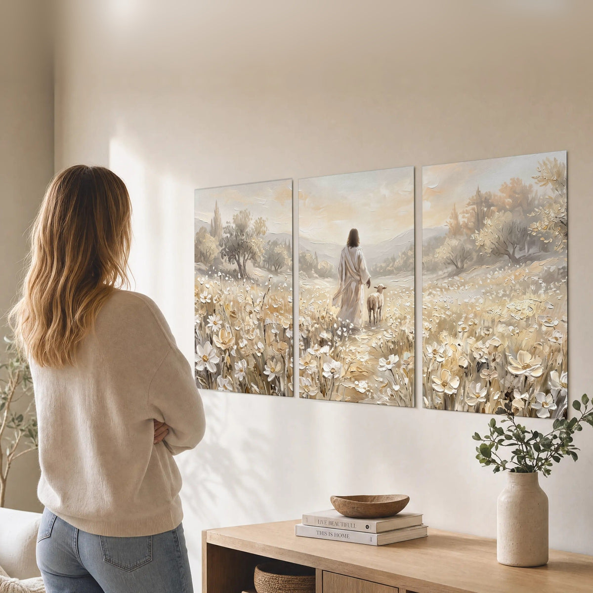 Jesus and lamb flower field painting set of 3 poster prints in a living room