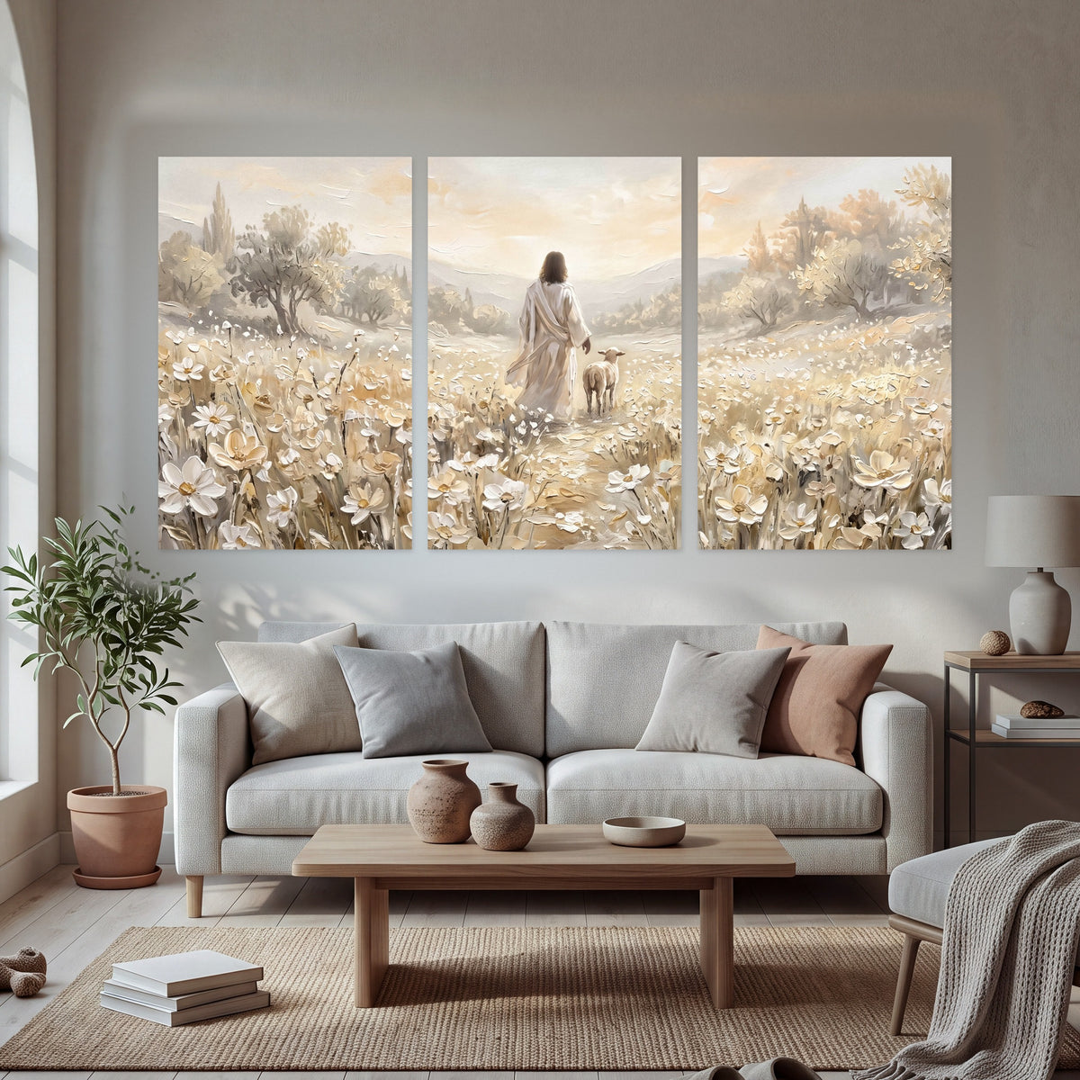Jesus and lamb flower field painting set of 3 poster prints in a bright living room