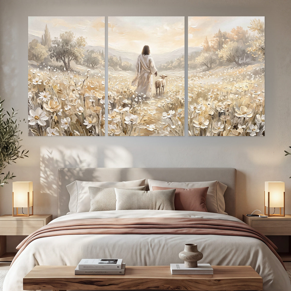 Jesus and lamb flower field painting set of 3 poster prints in a bedroom above the bed