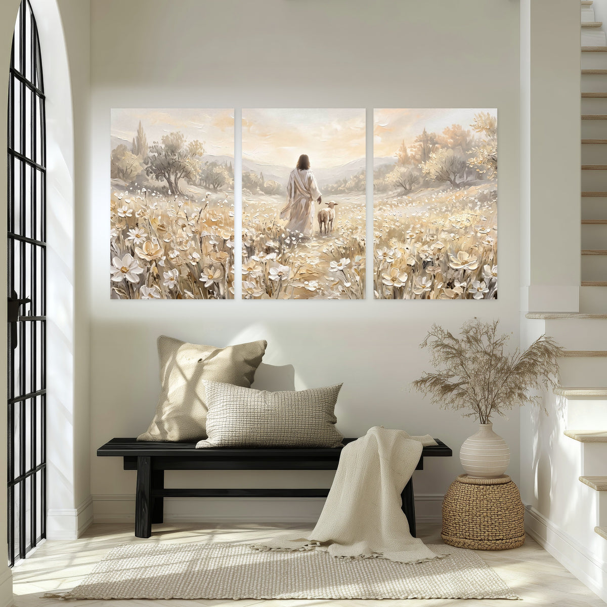 Jesus and lamb flower field painting set of 3 poster prints in an entryway above a bench