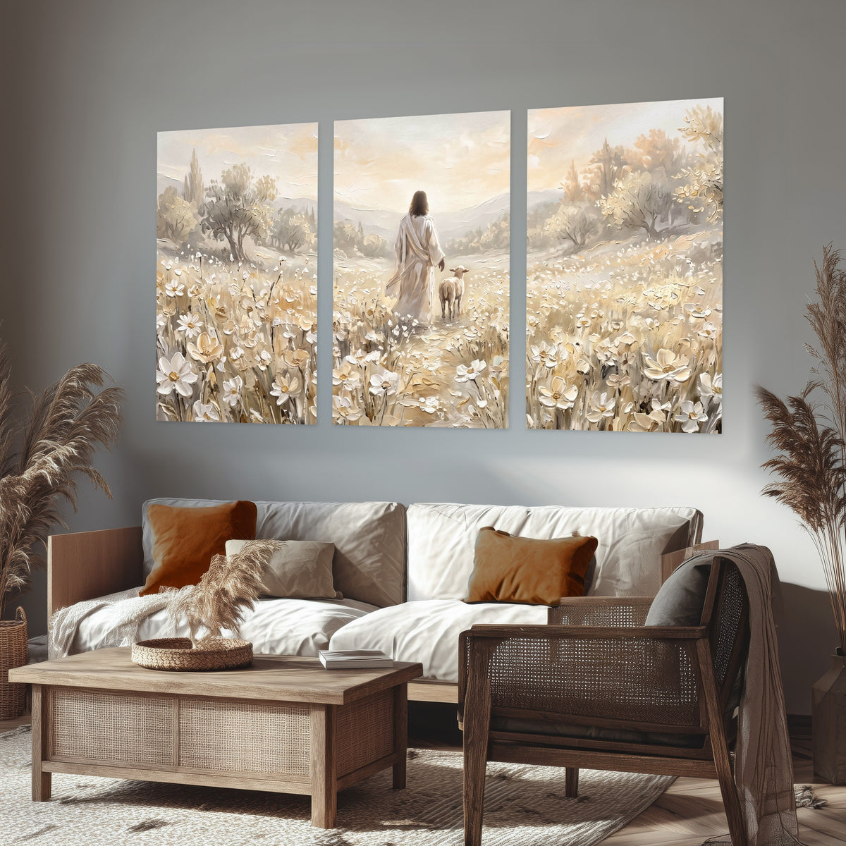 Jesus and lamb flower field painting set of 3 poster prints in a rustic living room