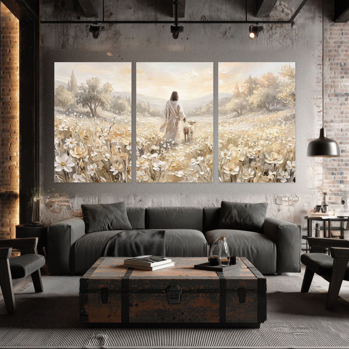 Jesus and lamb flower field painting set of 3 poster prints in an industrial loft