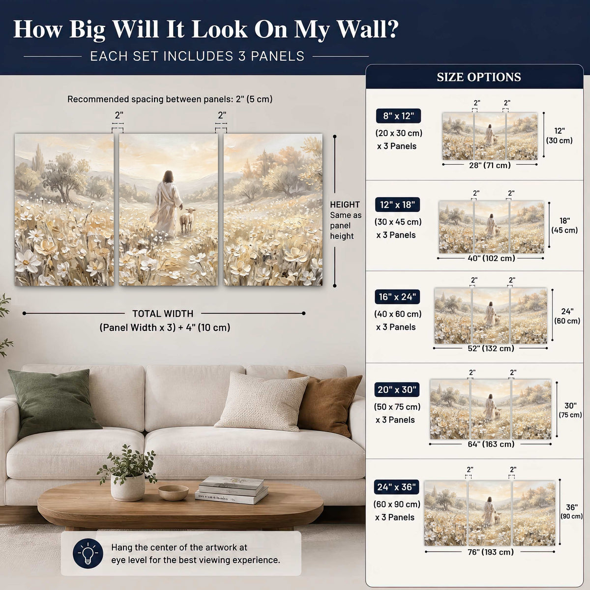 Jesus and lamb flower field painting set of 3 poster prints size guide above a sofa