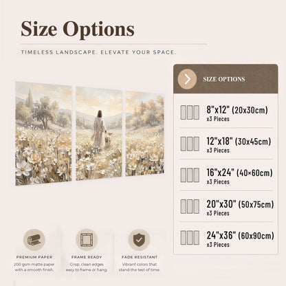 Jesus and lamb flower field painting set of 3 poster prints size options