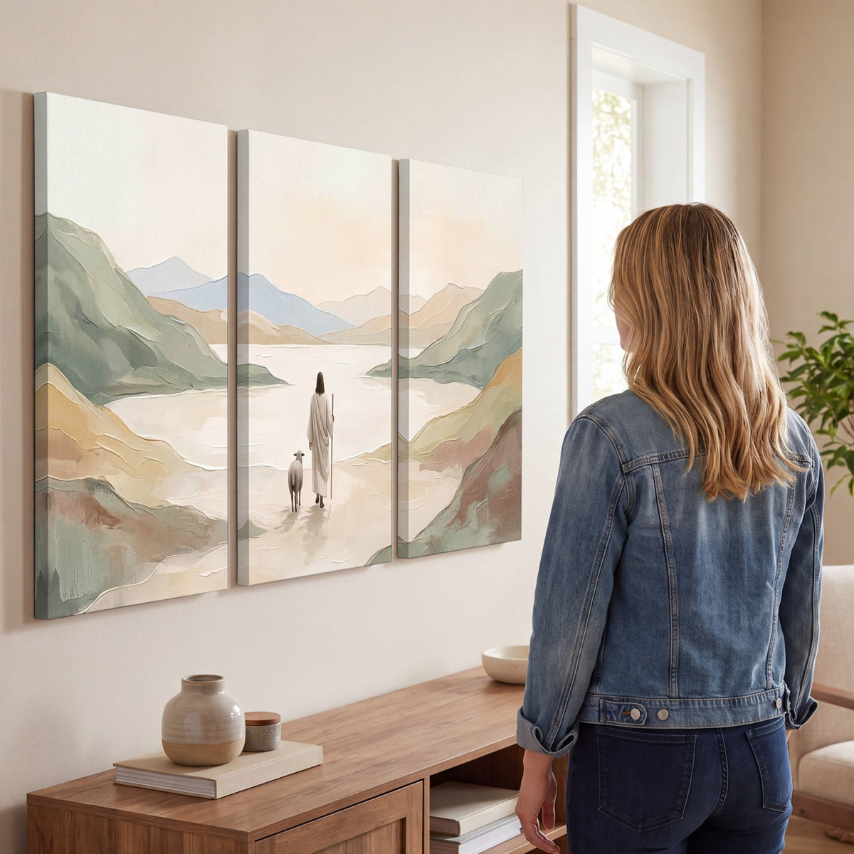 Minimalist Good Shepherd painting 3 piece canvas wall art in a living room