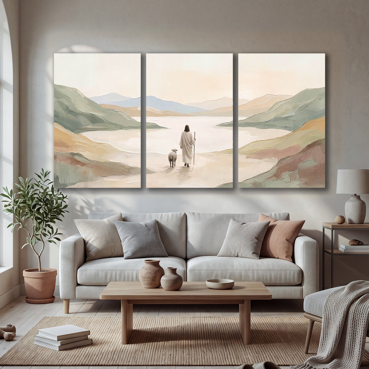 Minimalist Good Shepherd painting 3 piece canvas wall art in a bright living room