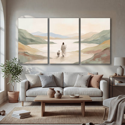 Minimalist Good Shepherd painting 3 piece canvas wall art in a bright living room