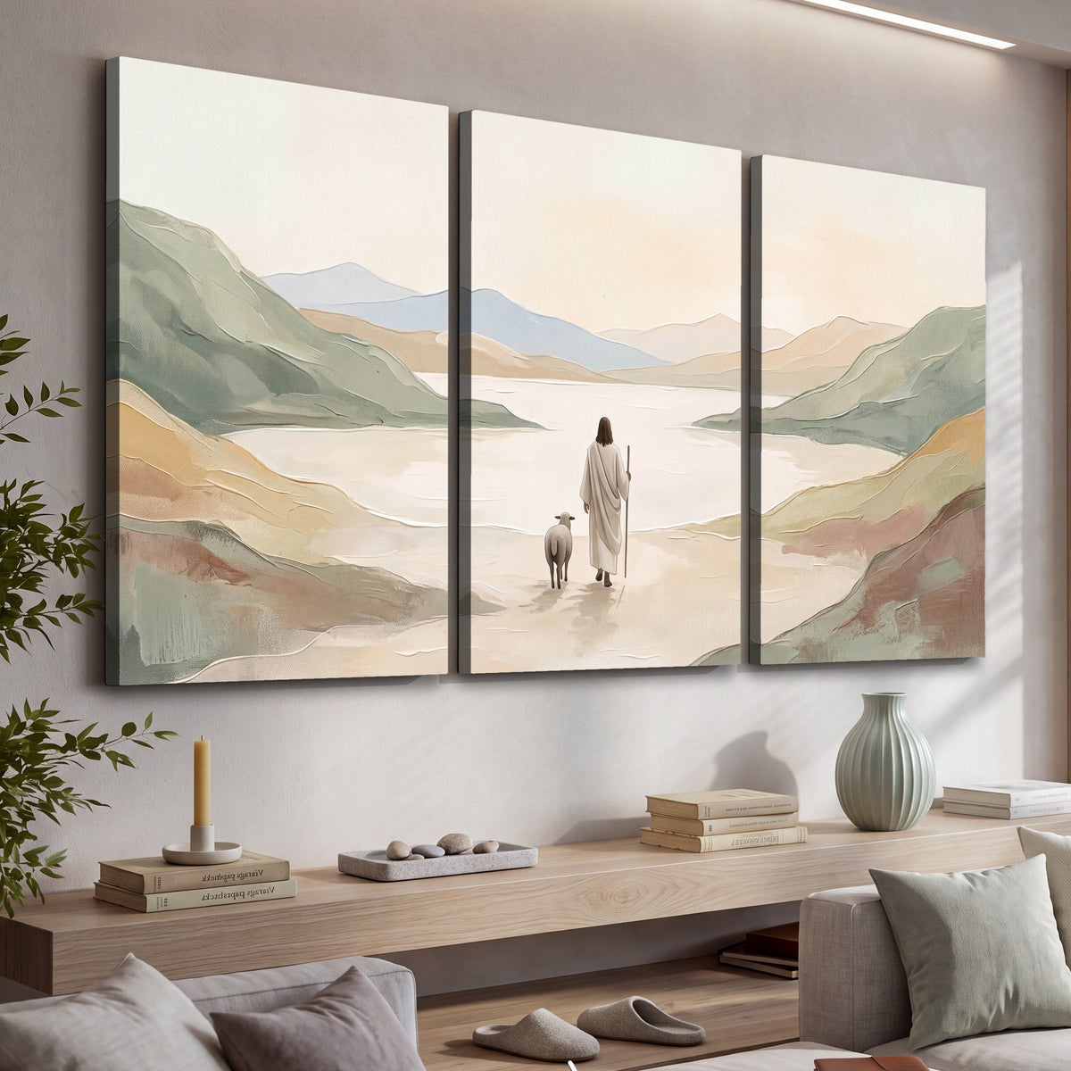 Minimalist Good Shepherd painting 3 piece canvas wall art in a living room above a console