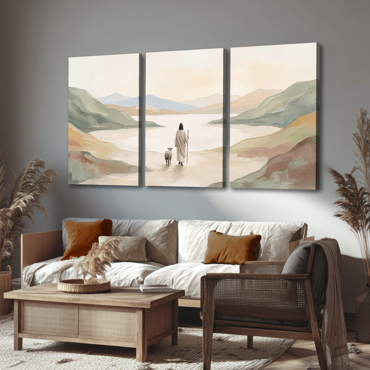 Minimalist Good Shepherd painting 3 piece canvas wall art in a rustic living room