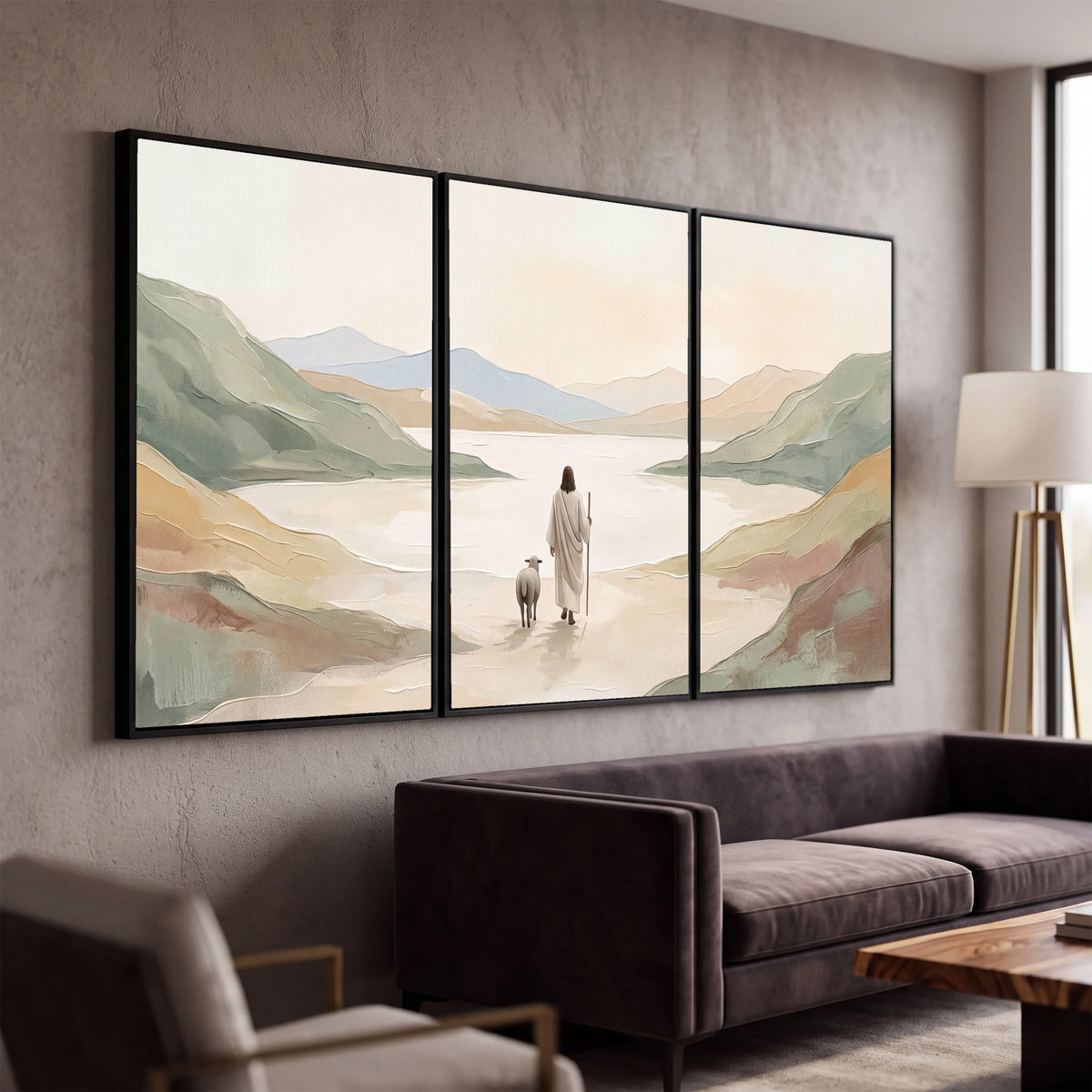 Minimalist Good Shepherd painting 3 piece canvas wall art in a modern living room