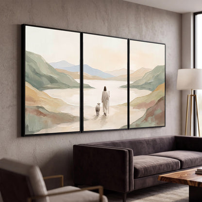 Minimalist Good Shepherd painting 3 piece canvas wall art in a modern living room