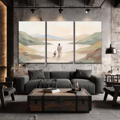 Minimalist Good Shepherd painting 3 piece canvas wall art in an industrial loft