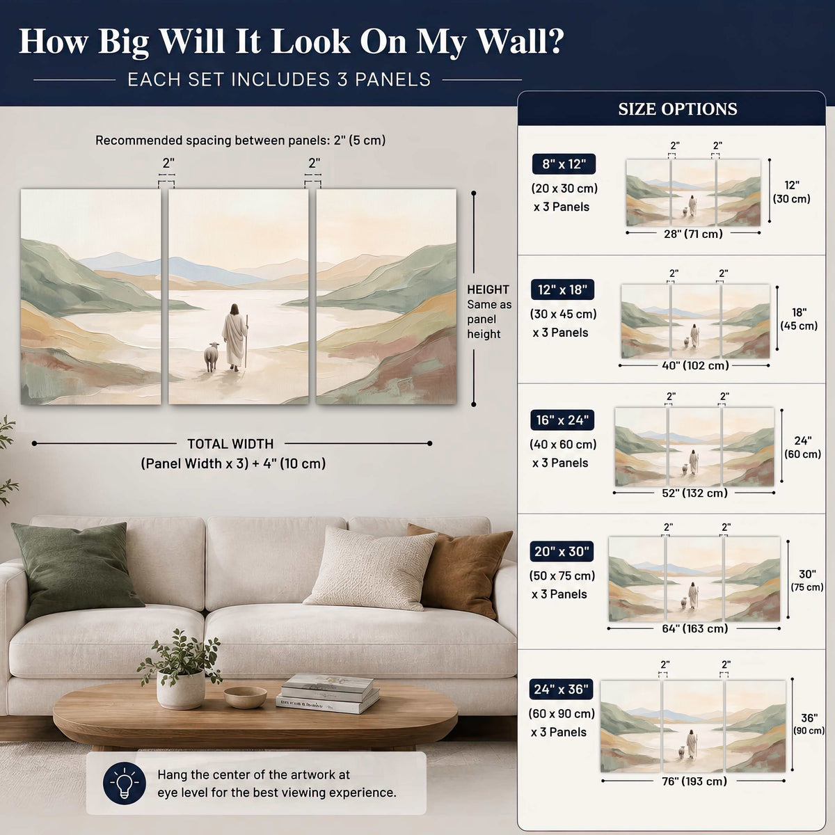 Minimalist Good Shepherd painting 3 piece canvas wall art size guide above a sofa