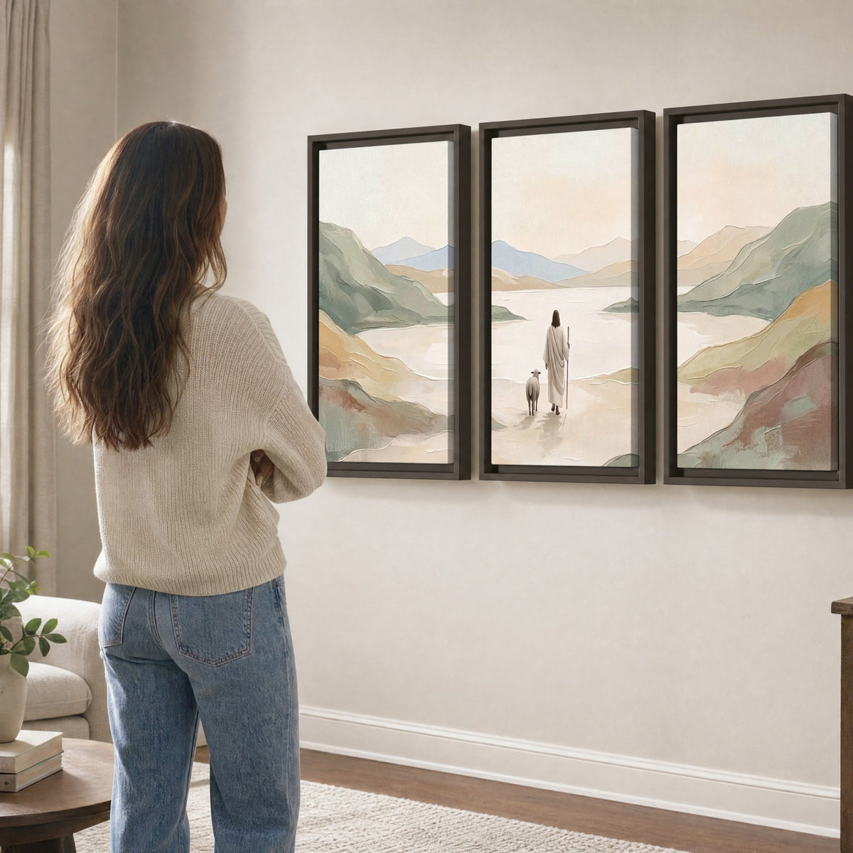 Minimalist Good Shepherd painting 3 piece framed canvas in a living room