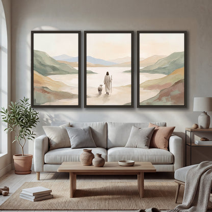 Minimalist Good Shepherd painting 3 piece framed canvas in a bright living room