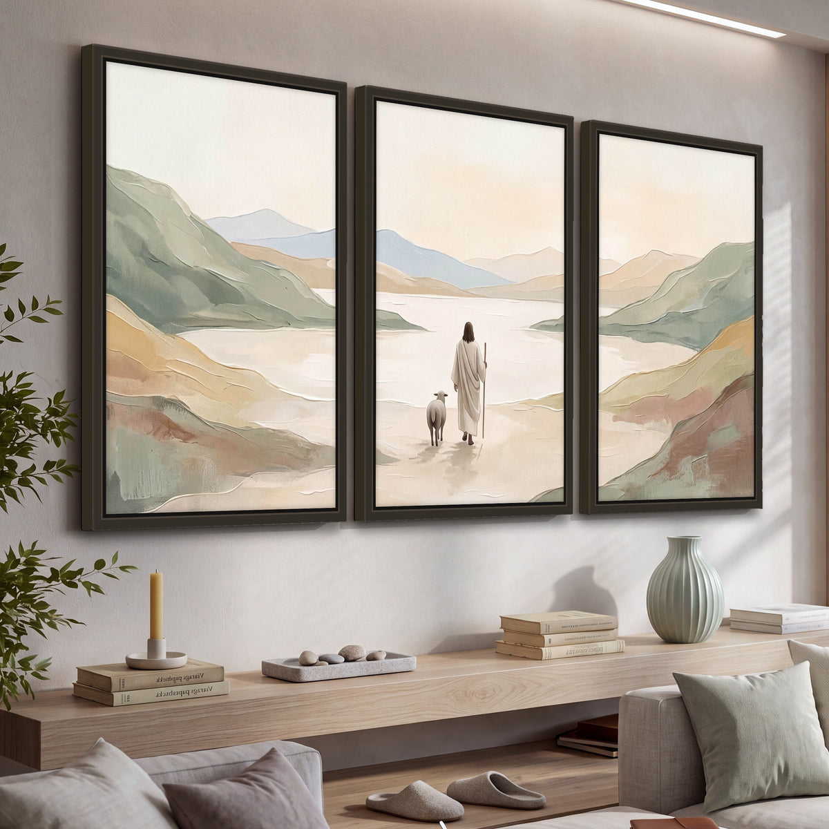Minimalist Good Shepherd painting 3 piece framed canvas in a living room above a console
