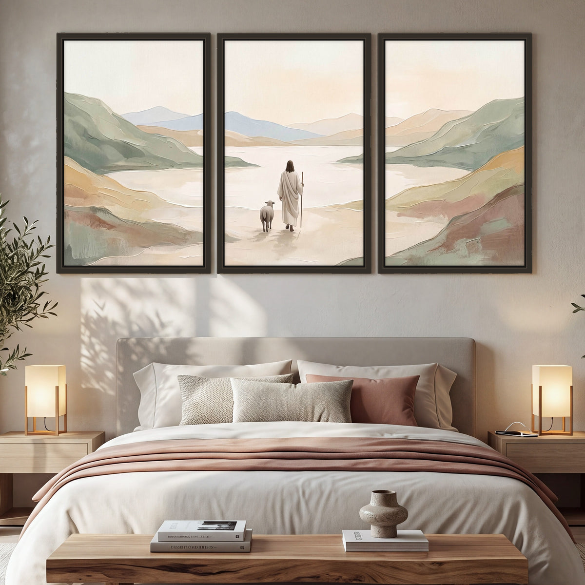 Minimalist Good Shepherd painting 3 piece framed canvas in a bedroom above the bed