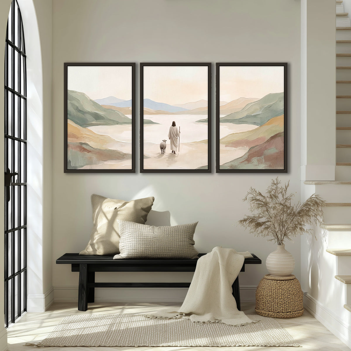 Minimalist Good Shepherd painting 3 piece framed canvas in an entryway above a bench