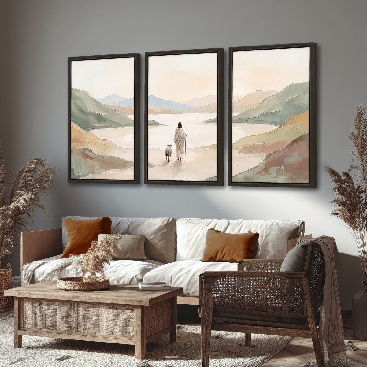 Minimalist Good Shepherd painting 3 piece framed canvas in a rustic living room