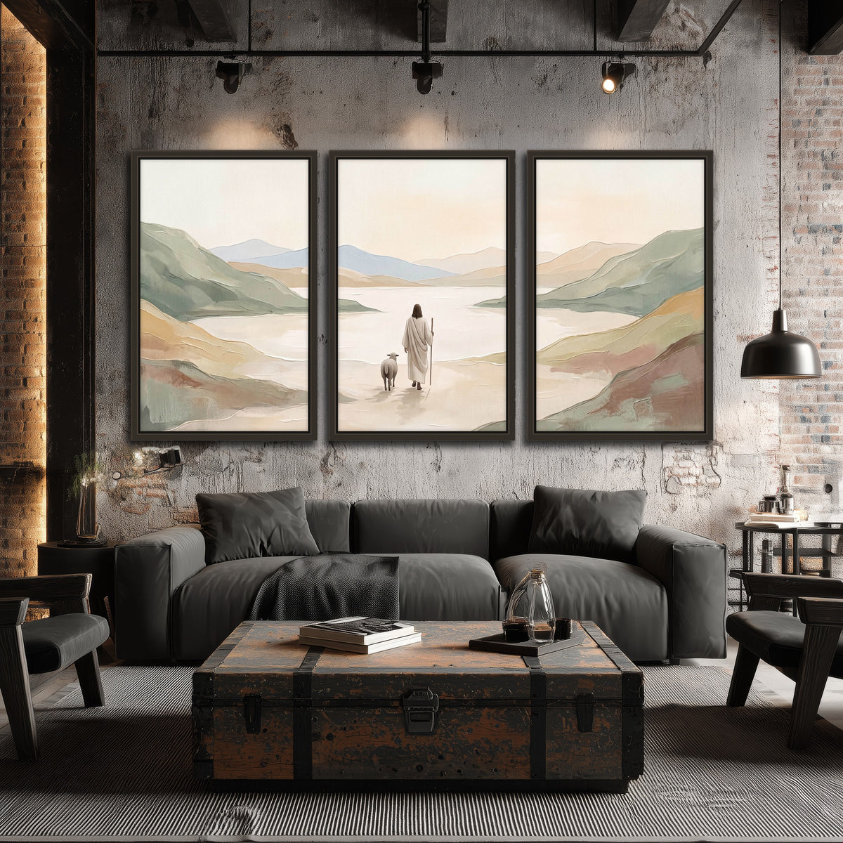Minimalist Good Shepherd painting 3 piece framed canvas in an industrial loft
