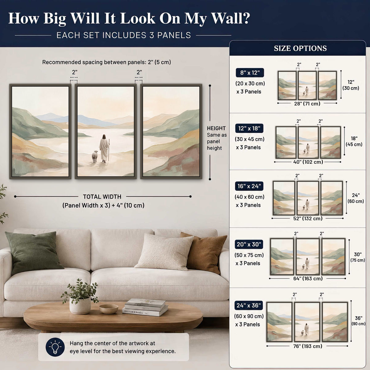 Minimalist Good Shepherd painting 3 piece framed canvas size guide above a sofa