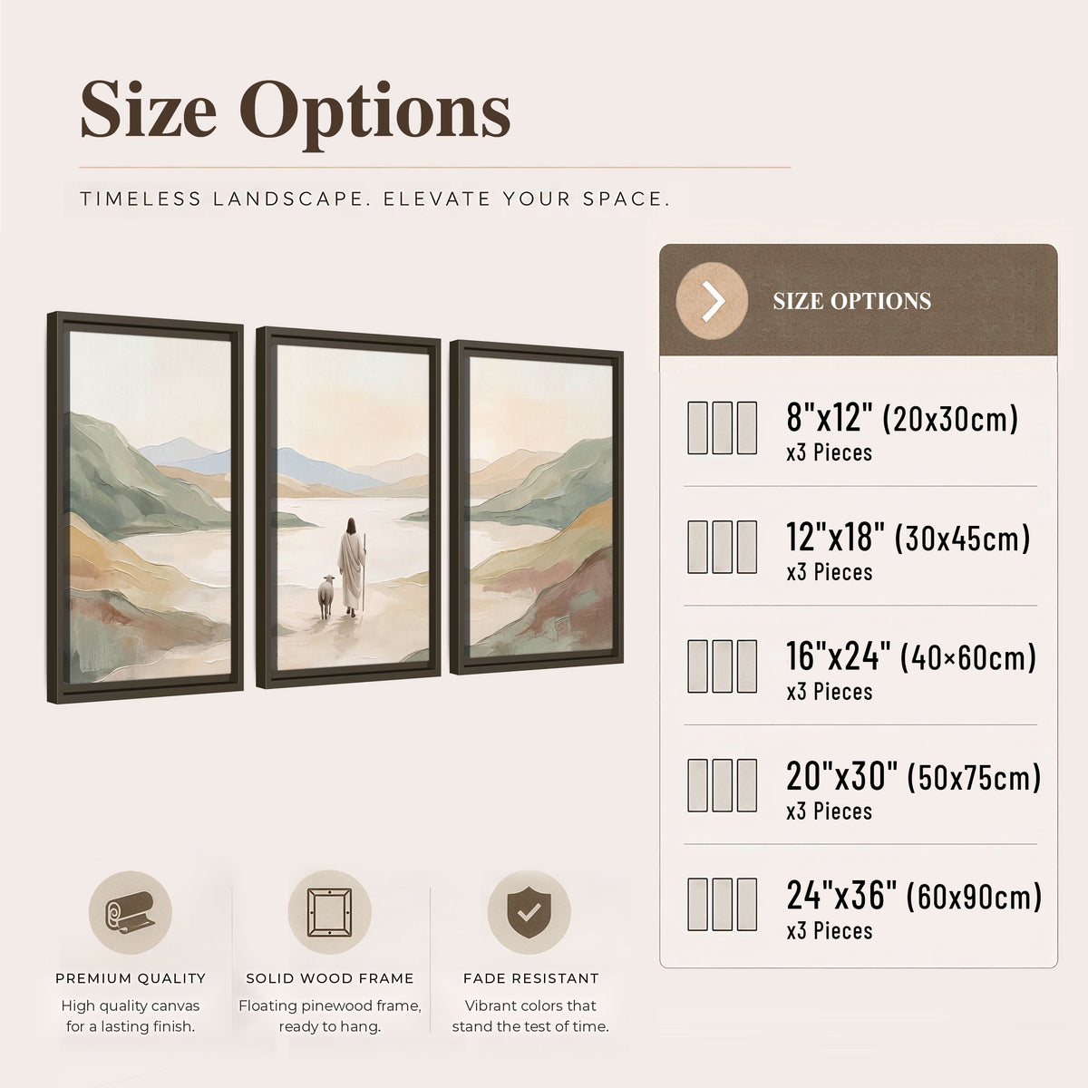 Minimalist Good Shepherd painting 3 piece framed canvas size options